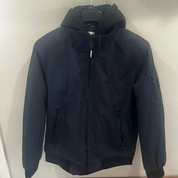 NWT Navy DKNY bomber jacket - Medium with removable hood - Picture 1 of 8